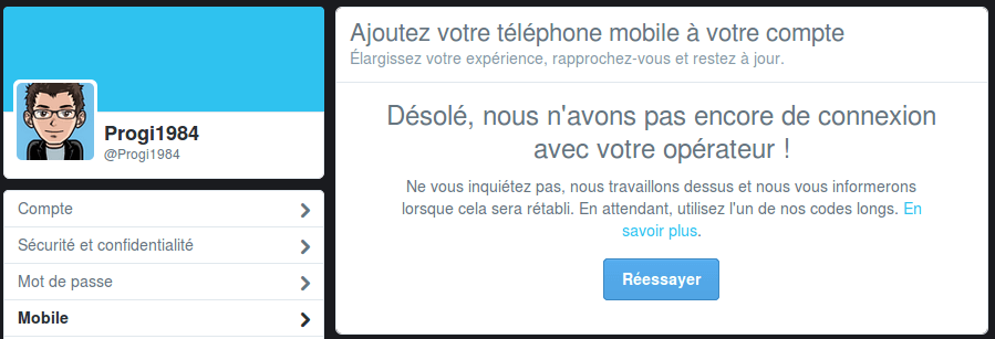 Twitter : Ajout d'un numéro de mobile français